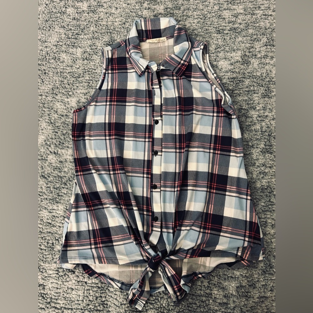 Plaid Sleeveless Button-Up Top With Waist Tie (B04)